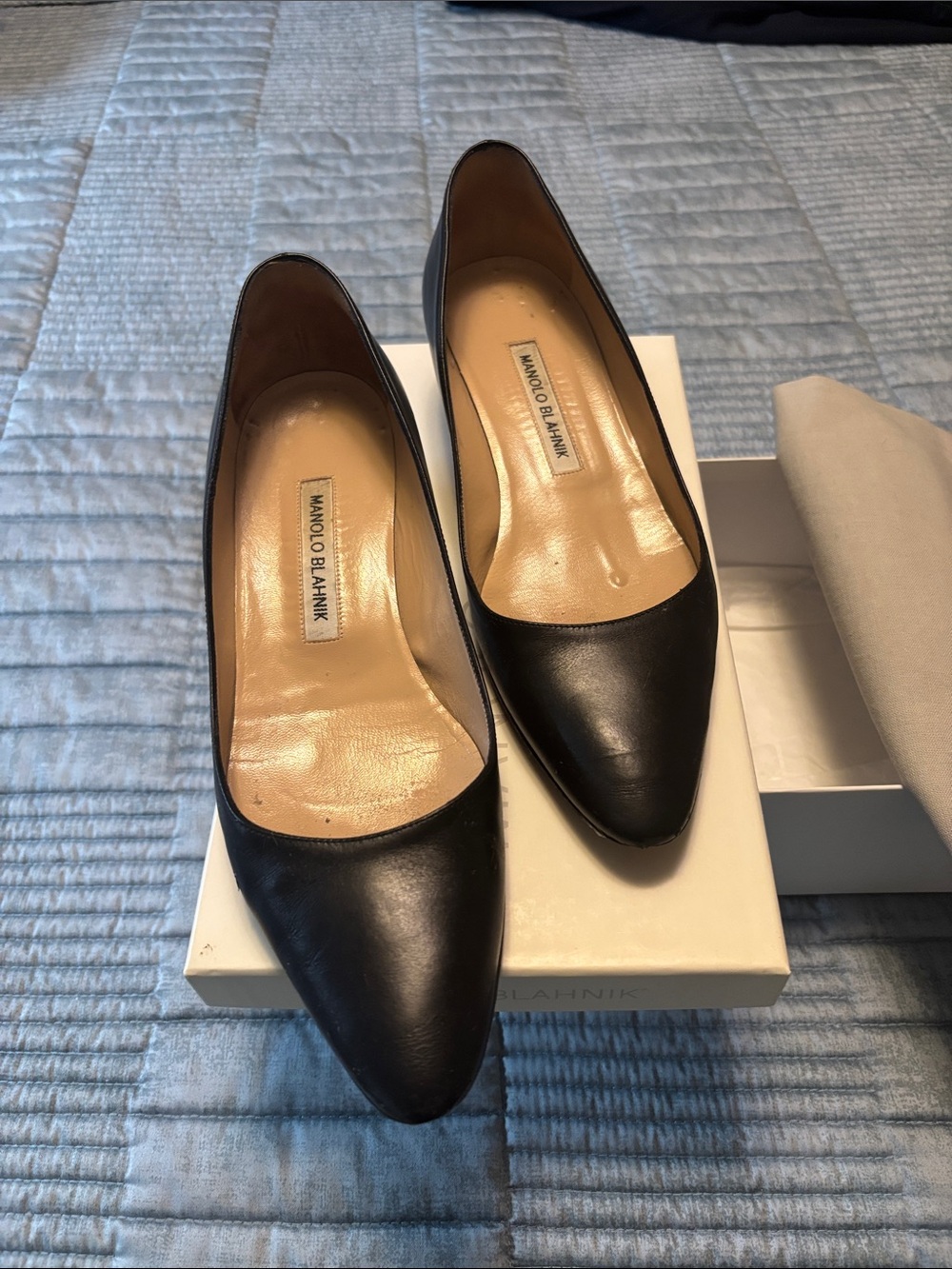 Manolo Blahnik Black Leather Pointed-Toe Pumps - Classic Silhouette